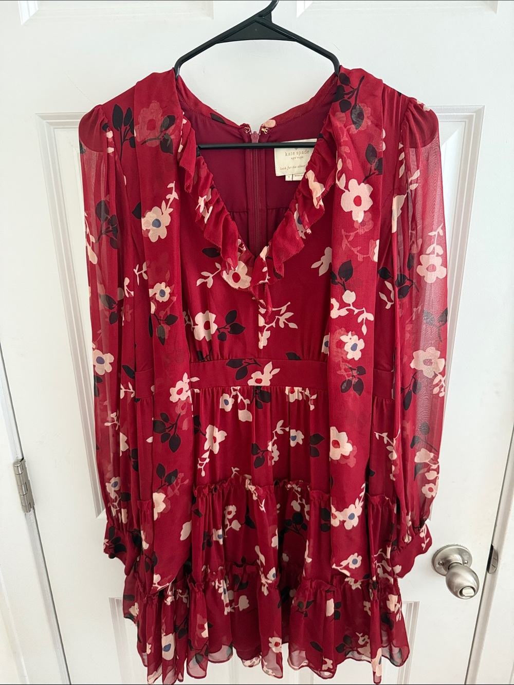 Kate Spade Red Floral Ruffled Long Sleeve Dress
